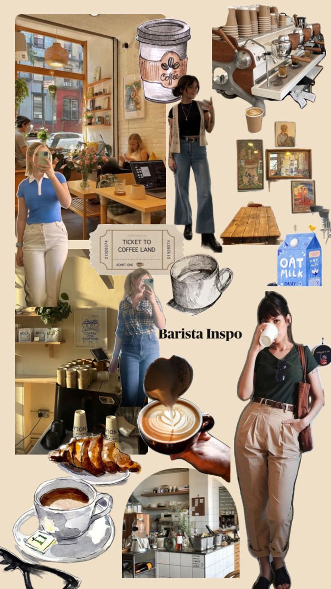 Various images of Coffee shops mixed in with cute outfit inspiration ideas for baristas as well as coffee graphics Home Coffee Cart, Barista Outfit, Barista Outfits, Inspo Collage, Coffee Cart, Barista Fashion, Winter Fits, Fun At Work, Coffee Lovers