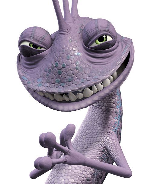 an animated purple lizard with big eyes and sharp teeth is posed in front of a white background