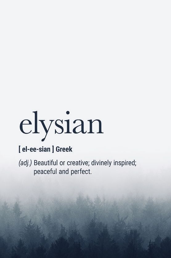 the words elysiann are written in black and white, with trees behind them