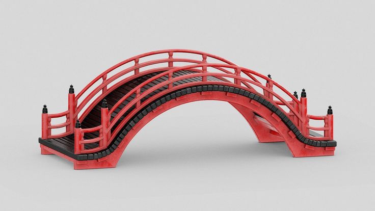 a small red bridge with black railings on the top and bottom sides, in front of a gray background