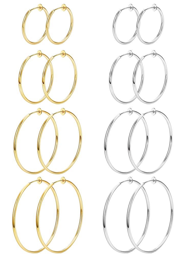 PRICES MAY VARY. ❤CLIP ON HOOP EARRINGS:Come with 8 Pairs Clip On Hoop Earrings,These Fashionable Clip On Hoop Earrings are Specially Designed for People Who Without Pierced Ears,You can Enjoy the Fun of Wearing Earrings Even If don't have Piercing. ❤MULTIPLE SIZE:Clip On Hoop Earrings Have 2 colors(Silver/Gold),Size Include Small Clip On Hoop Earrings 15mm (0.6 inch),Medium Fake Hoop Earrings 30mm (1.2 inch),Large Spring Hoop Earrings 40mm (1.5 inch),Extra Clip On Earring 60mm (2.3 inch),You Ca Cheap Nickel Free Costume Earrings, Earrings No Hoop, Cheap Tarnish Resistant Hoop Earrings For Formal Events, Small Stainless Steel Hoop Earrings, What Earrings Can You Wear With Tracksuit, Cute Earrings Hoops Simple, Earrings H, Cheap Tarnish Resistant Hoop Earrings As Gift, Cheap Tarnish Resistant Round Hoop Earrings