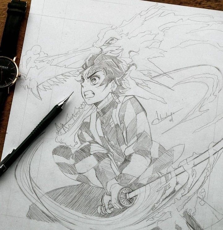 a pencil drawing of an anime character sitting on top of a piece of paper next to a watch