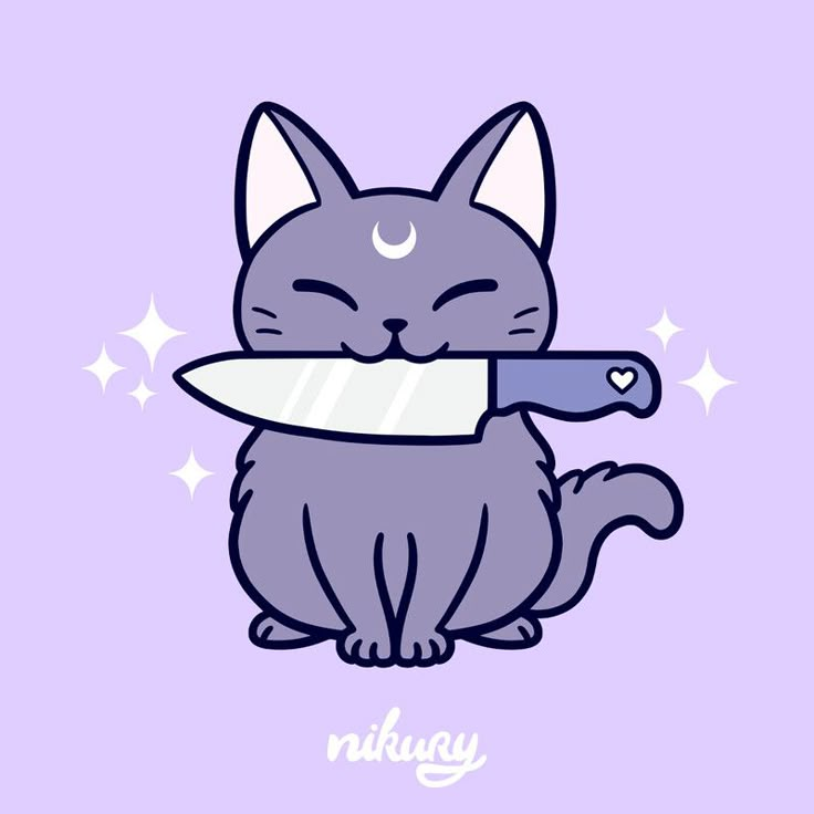 a cartoon cat holding a knife in its mouth