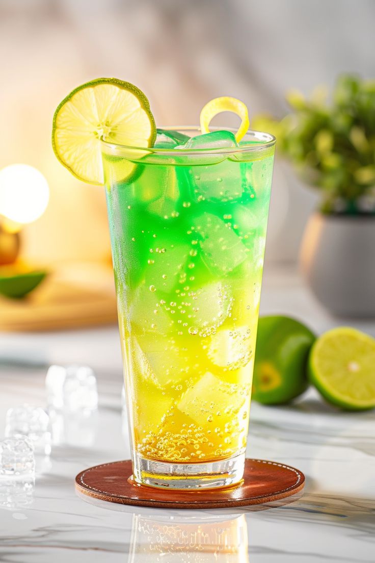 a glass filled with liquid and lime slices