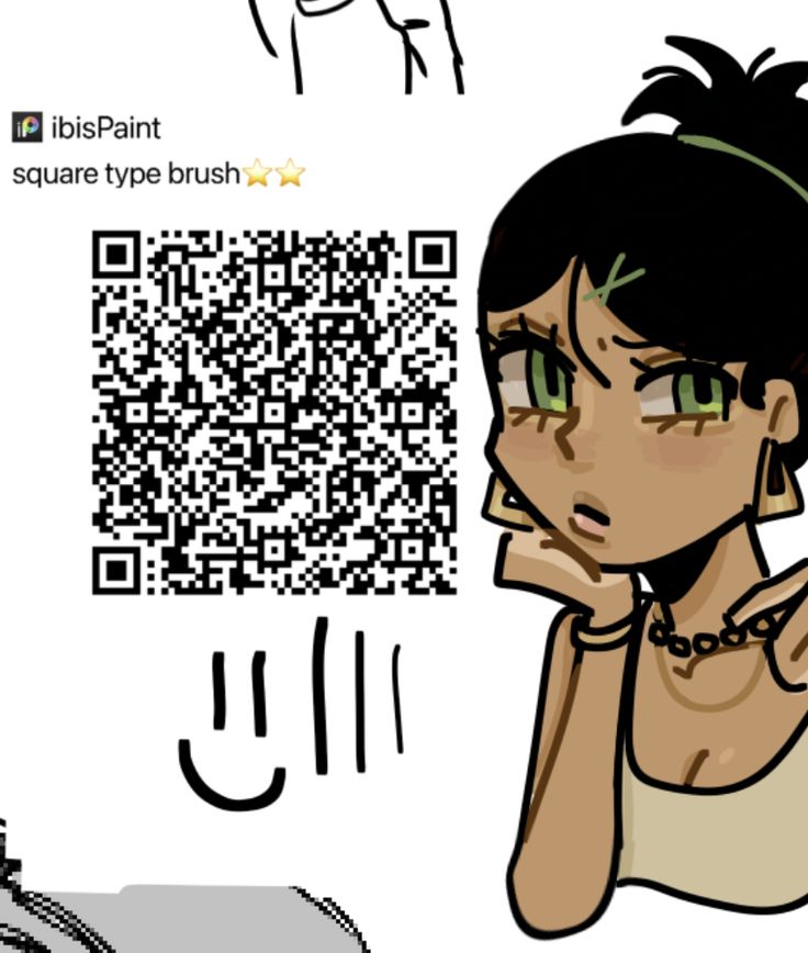 a cartoon girl with green eyes is looking at the qr code on her phone