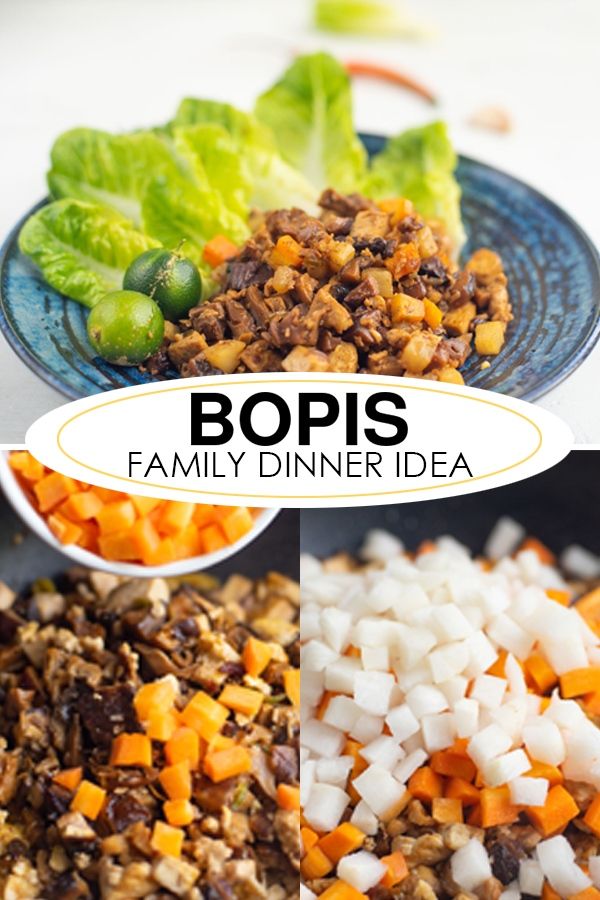 two plates with different types of food and the words bopis family dinner idea above them