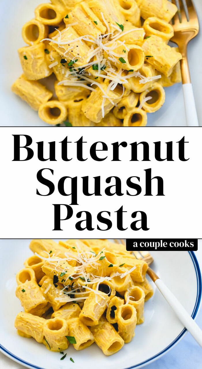 butternut squash pasta with parmesan cheese on top and an image of a fork