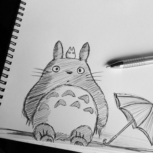 a pencil drawing of a totoro holding an umbrella and sitting on the ground