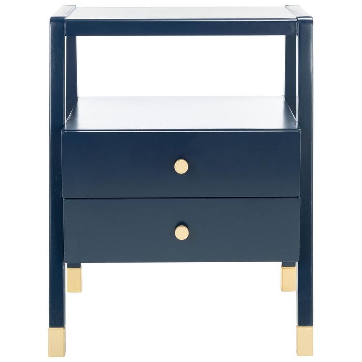 a blue nightstand with two drawers and gold trimmings on the bottom, against a white background