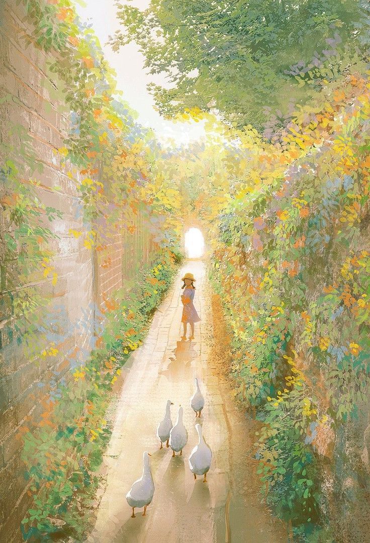 a painting of a person walking down a road with geese and ducks on the side