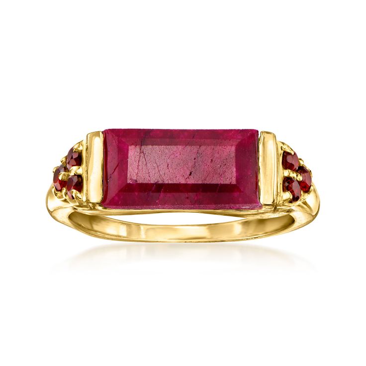 Ross-Simons - 6.00ct Ruby, .50ct t. w. Garnet Ring in 18kt Gold Over Sterling. Size 5. Embolden any outfit with the impactful look of a new statement ring - it works like a charm every time! This unique design presents a 6.00 carat ruby baguette between fiery trios of .50 ct. t. w. round garnets. Crafted in 18kt yellow gold over sterling silver. 1/4" wide. Garnet and ruby ring. Garnet birthstones are the perfect gift for January birthdays. Ruby Ring Designs, Garnet Stone Ring, Ruby Wedding Rings, Garnet Birthstone, Garnet Jewelry, Garnet Ring, Garnet Stone, Rings Cool, Timeless Jewelry