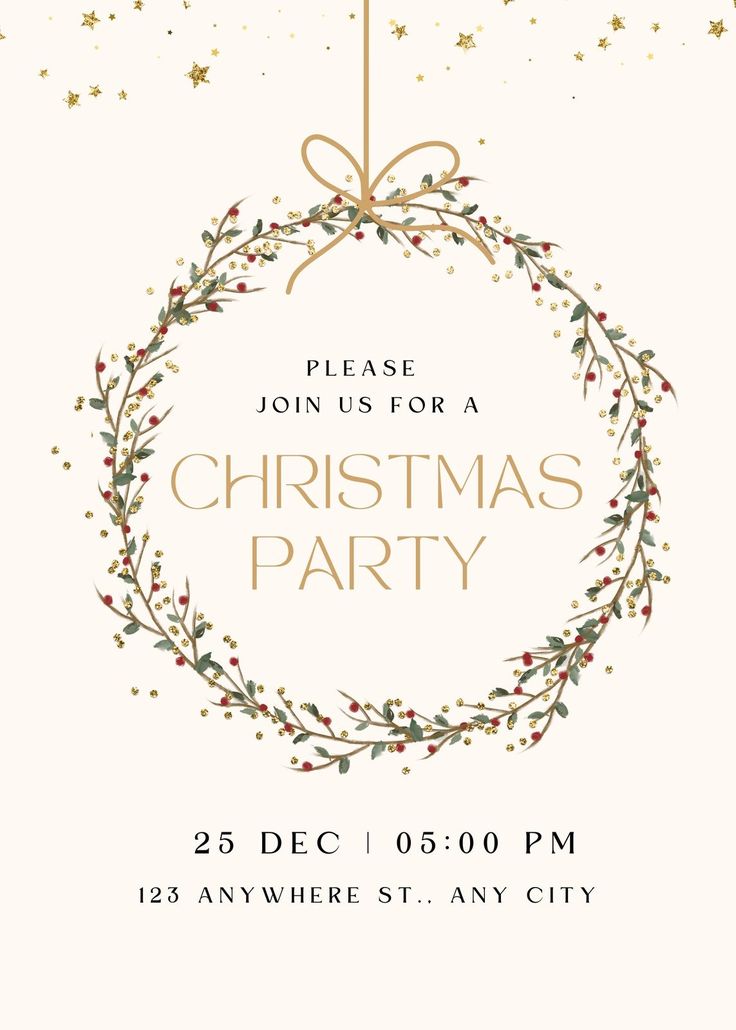 a christmas party flyer with an ornament hanging from the ceiling and stars on it