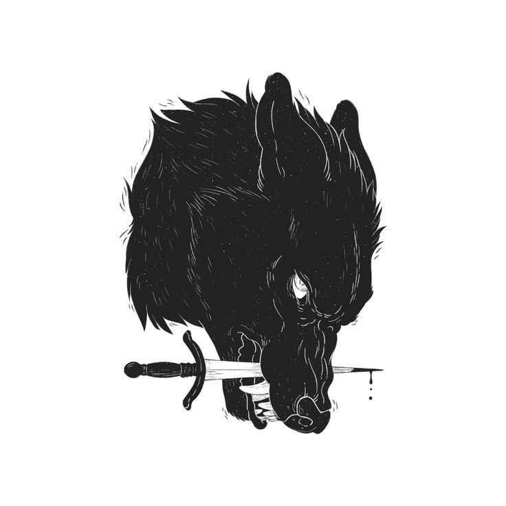 a black and white drawing of a boar with its head resting on a barbell