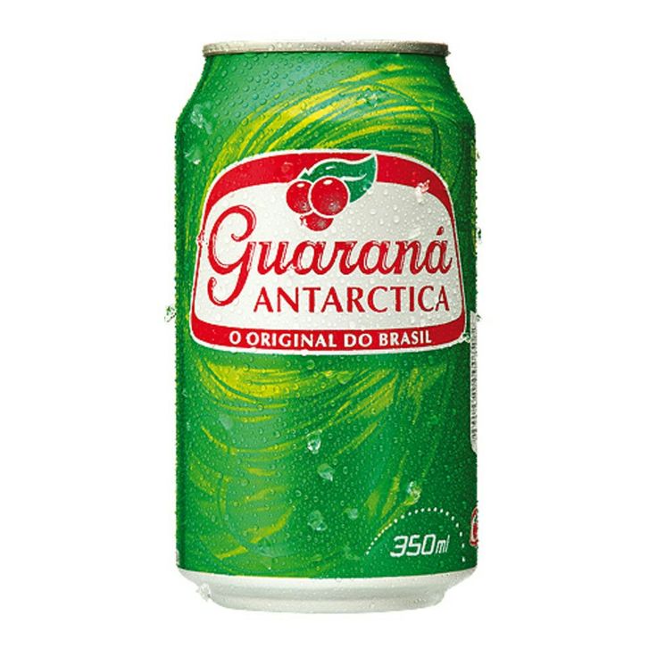 a can of guarana antarctica soda on a white background with water droplets