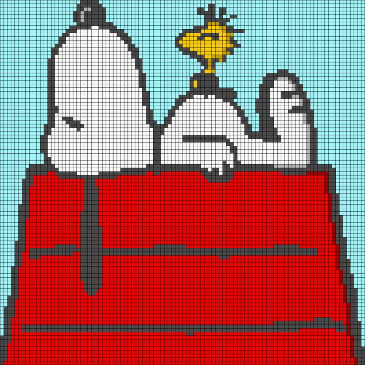 a cross stitch pattern with snoop and chick on top of a red car in front of a blue sky