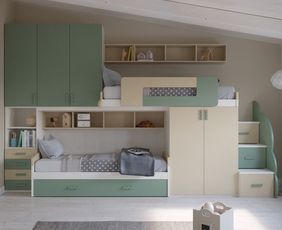 a child's bedroom with bunk beds and green cabinets