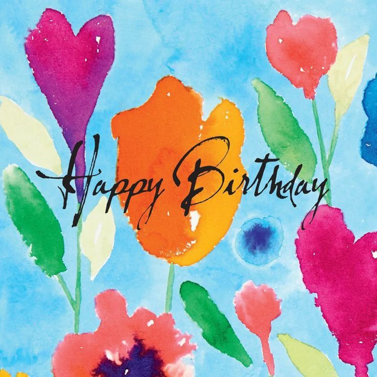 a happy birthday card with colorful flowers and hearts on it's blue sky background