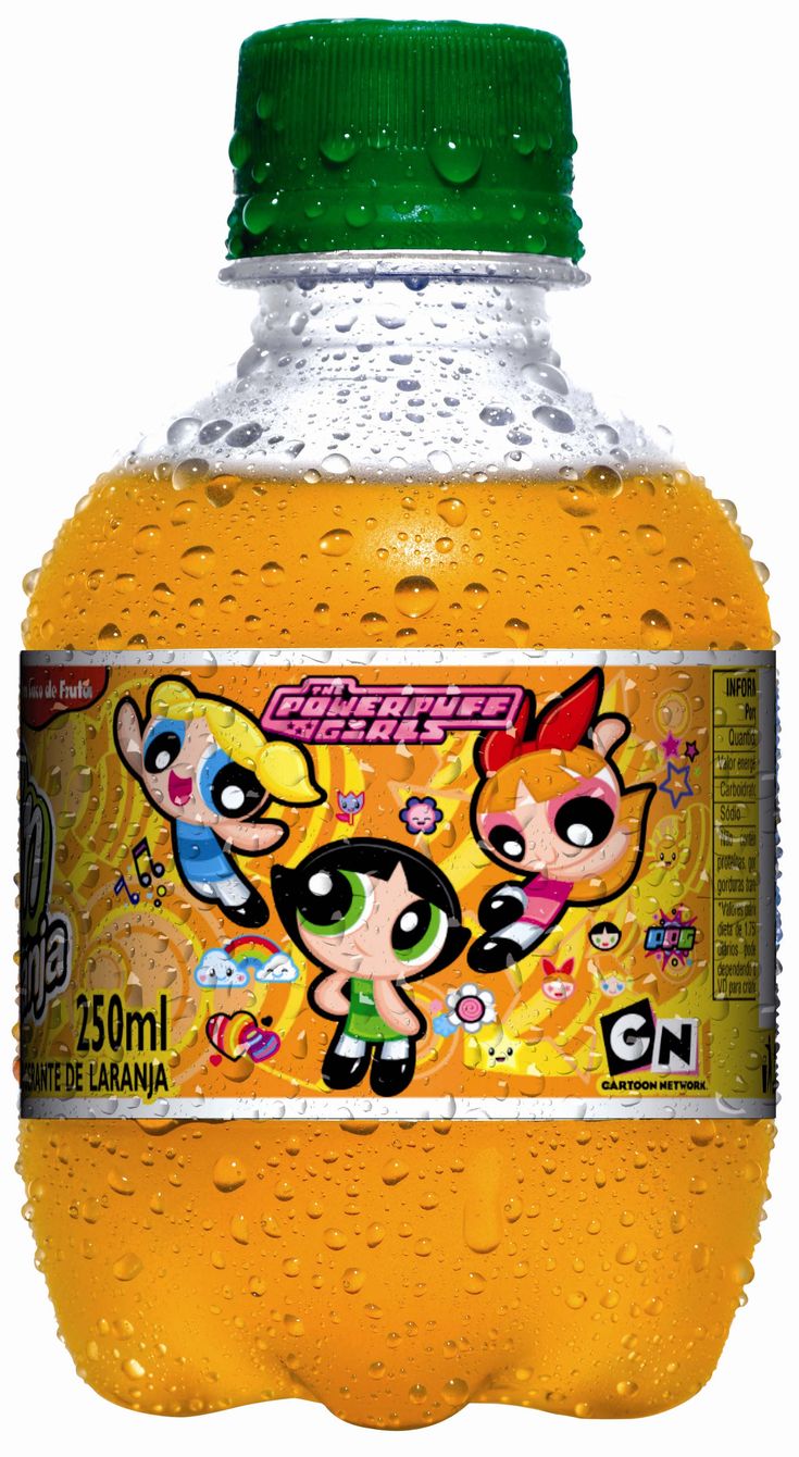 a bottle of liquid with cartoon characters on it