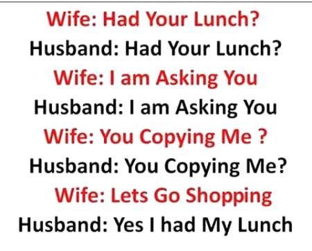 the text on this card says, wife had your lunch? husband had your lunch? wife i am asking you husband