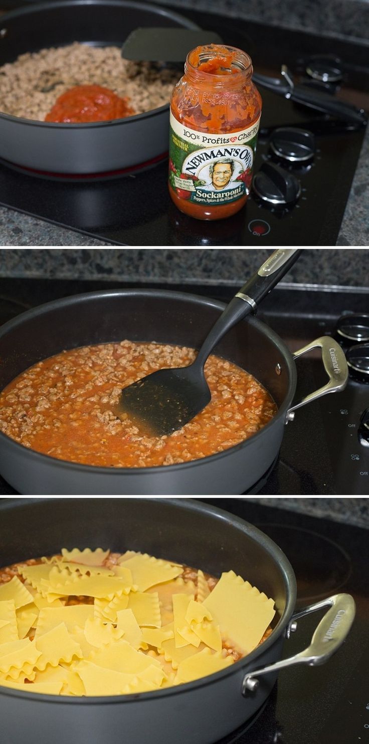 three pictures showing different stages of making pasta in a skillet with cheese and sauce