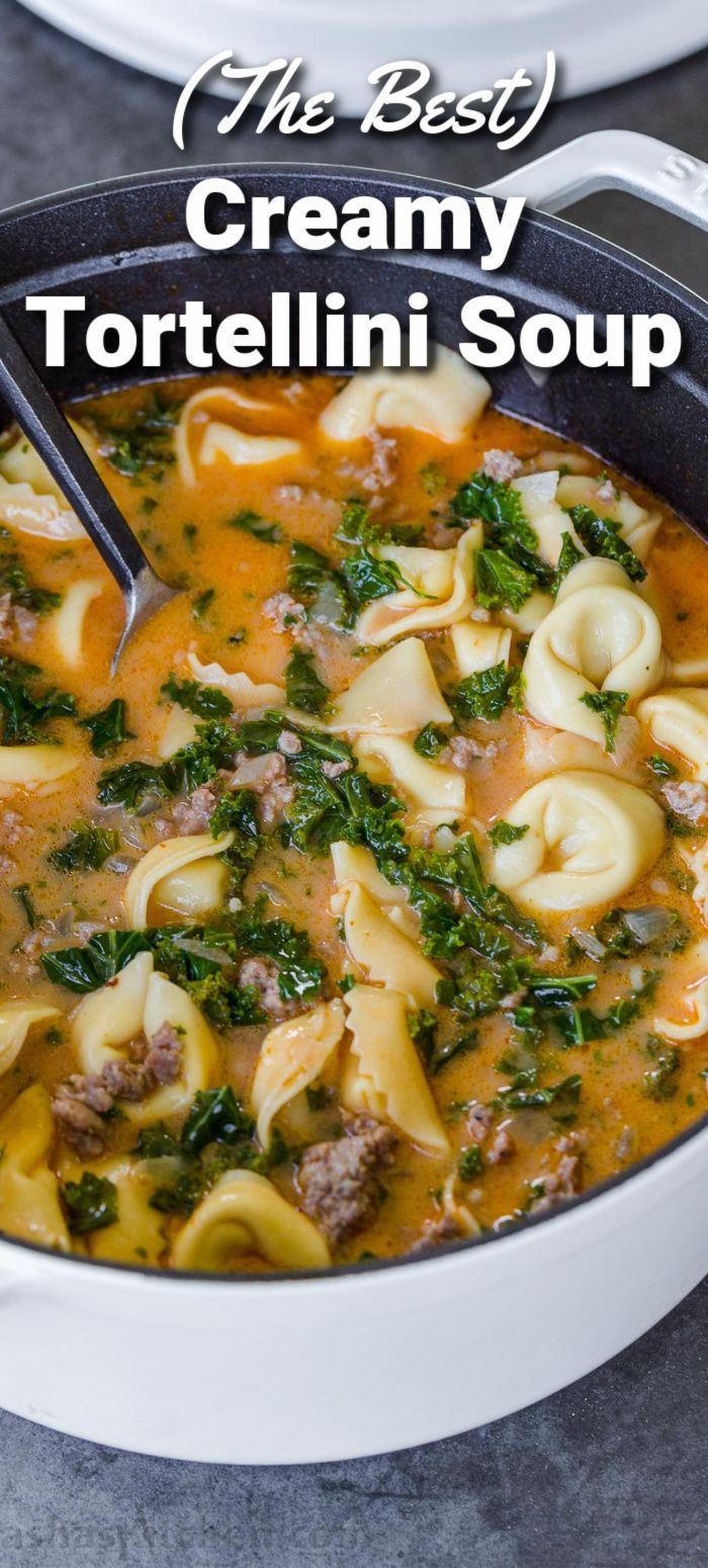 Creamy tortellini soup with tender tortellini, fresh kale, and Italian sausage. Tortellini soup is hearty, easy, and made in just 30 minutes. Creamy Tortellini Soup With Sausage And Kale, Zuppa Toscana Soup Tortellini, Zuppa Tortellini Soup, Tortellini Kale Parmesan Soup, Zuppa Toscana With Tortellini, Italian Ravioli Soup, Tortellini Kale Soup, Sausage Kale Tortellini Soup, Tortellini Soup Healthy