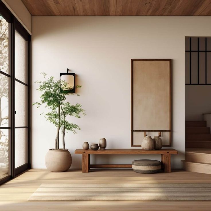 an empty room with two vases, a bench and a plant on the floor