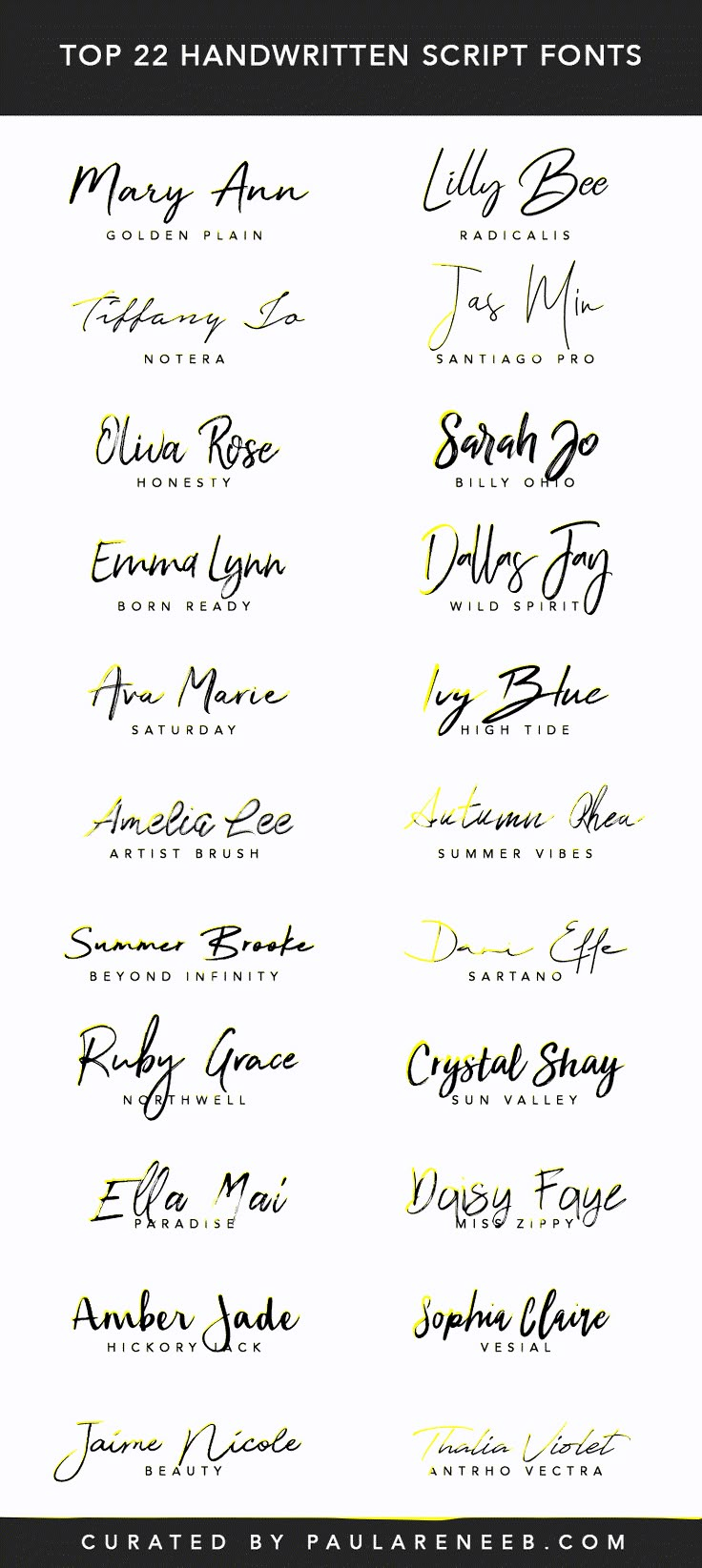 the top 22 handwritten script fonts in different styles and sizes, including one for each