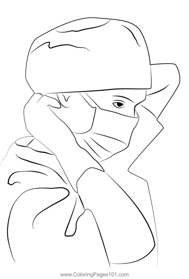 a black and white drawing of a person wearing a hat with his hand on his face