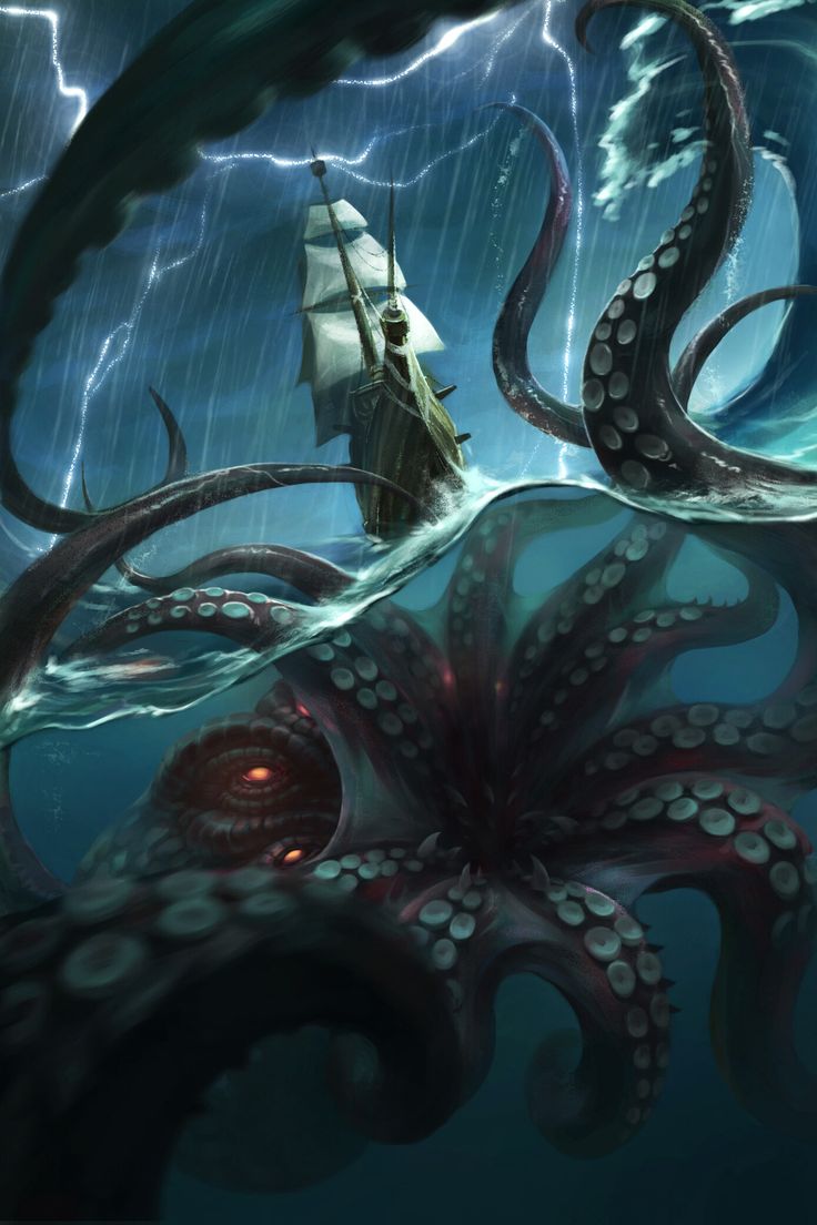 an octopus attacking a ship in the ocean