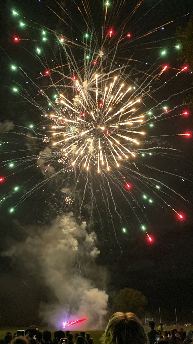 fireworks are lit up in the night sky with people looking at them and onlookers watching