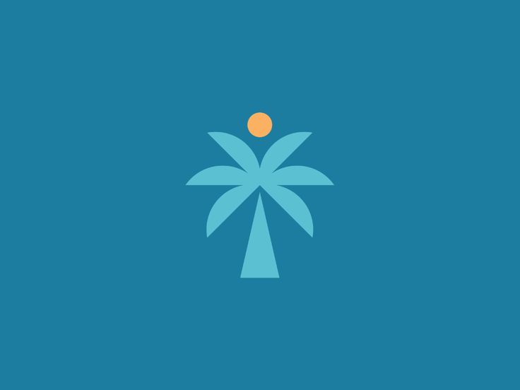 a palm tree with an orange ball in the center on a blue background, logo design