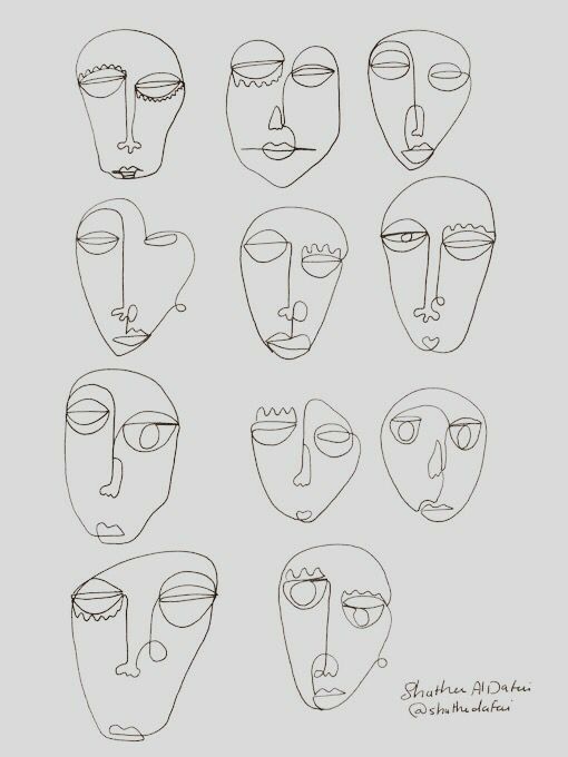 an image of different faces drawn in black ink on white paper with the words,'face