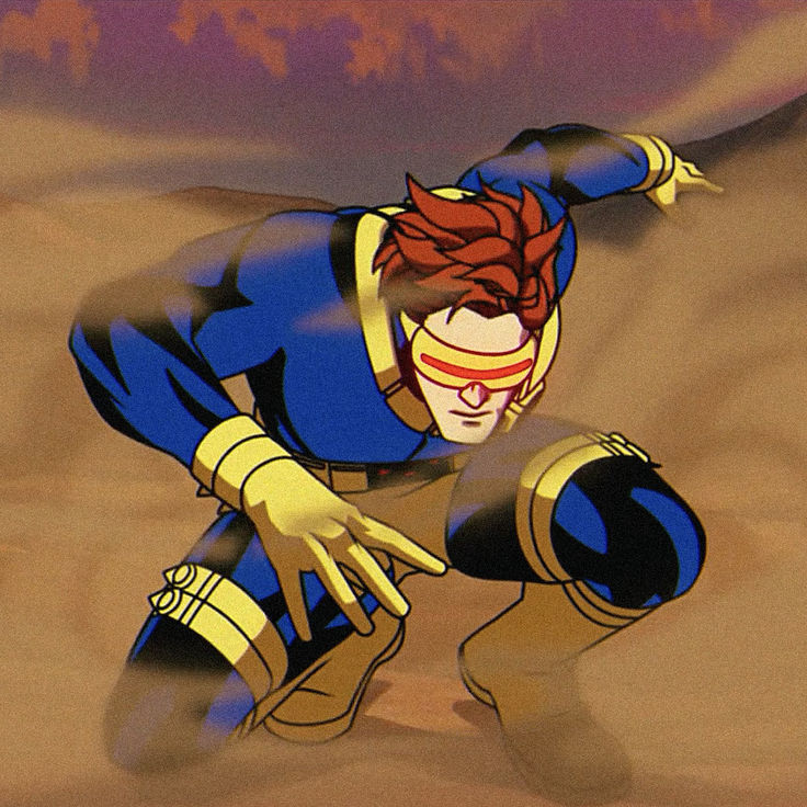 the animated character is dressed in blue and yellow, with his hands on his hips