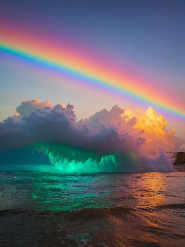 a rainbow in the sky over an ocean wave