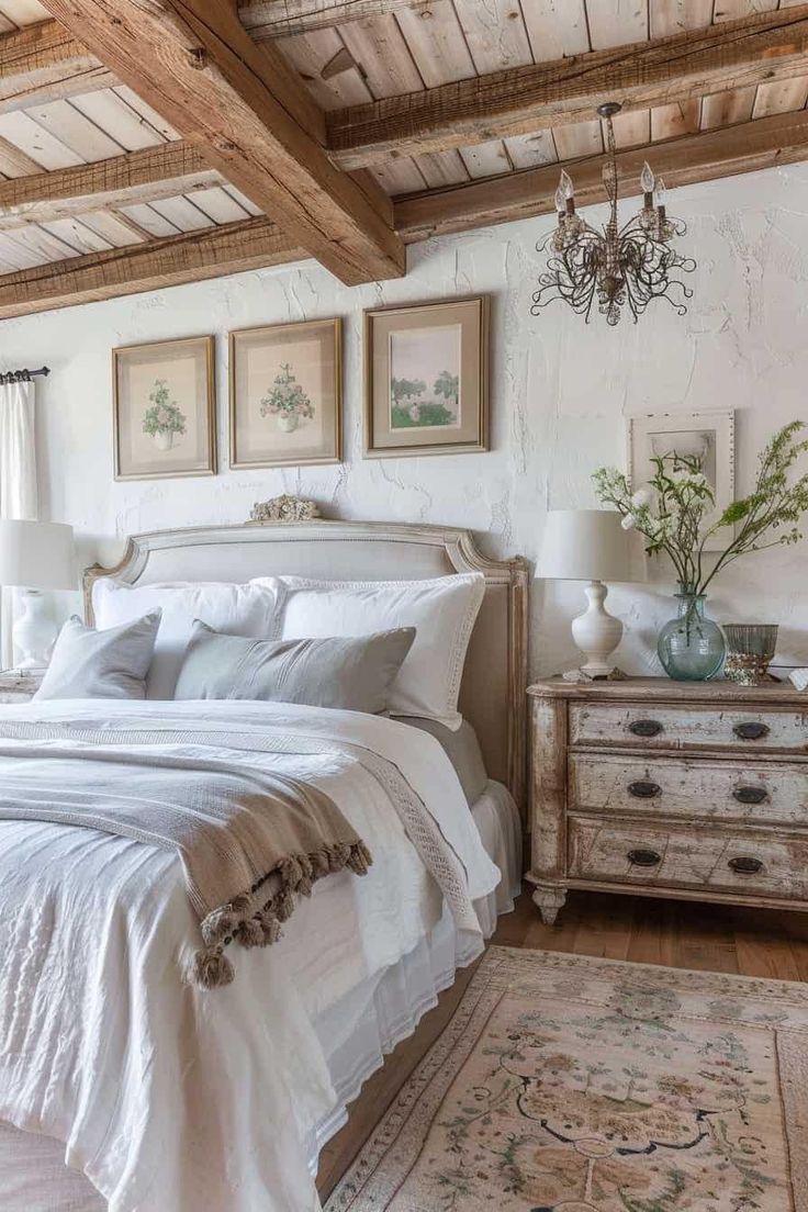 a bedroom with white bedding and wooden beams in the ceiling, along with paintings on the wall