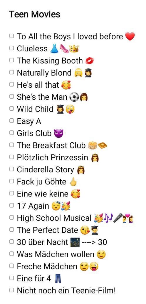 a list with the words teen movies written on it and emoticions in different languages