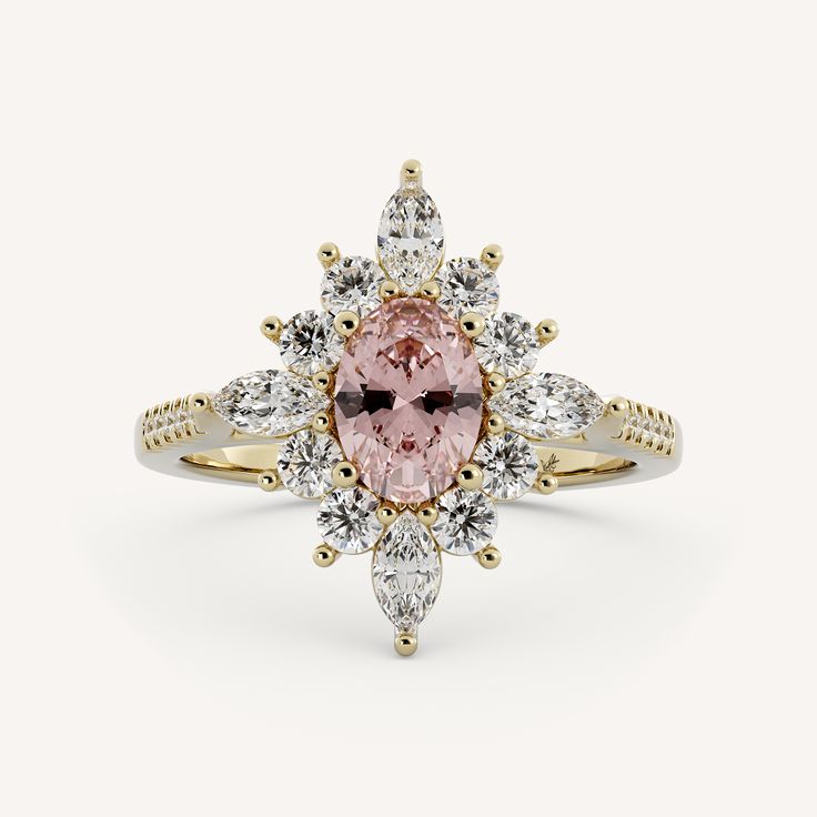 Violet features a 7x5mm oval morganite center stone set in a stunning burst halo with various shaped stones. It is set in a cathedral basket with scalloped prongs on a half round flat edge shank. Pastel Engagement Ring, Rings 2022, Marquise Diamond, Jewelry Companies, Dream Jewelry, Here Comes The Bride, Perfect Ring, Morganite, Stone Settings