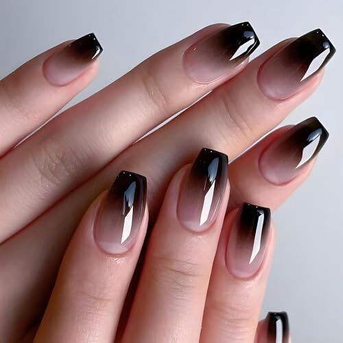 Return Policy Fast Delivery Trusted seller 24Pcs Ice Through French Tips Press on Nails Short Square Fake Nails Acrylic Nails Nude False Nails with Black and White Gradient Design Glossy Glue on Nails Stick on Nails for Women and Girls Product Description 【Package Includes】: 24 pcs stick on false glue on nails kit, each box includes 24 press on false nails, 1 sheet of 24 sticky nail pieces, 1 cuticle stick, 1 double sided nail file and gel press on nails cleaning pads, all the tools you need to wear nail glue for are included in one set. 【High Quality Material】: Fake nails are made of high quality ABS material, unbreakable, the base of the glue on acrylic nails is flexible, which can fit well to your natural nail, without hurting our nail edges, the top of the fake nail is stronger, avoidi Nail Art Viola, Unghie Sfumate, Ballet Nails, Purple Nail Art, Short Fake Nails, Nagel Tips, Manicure Tips, Manicure Diy, Coffin Press On Nails