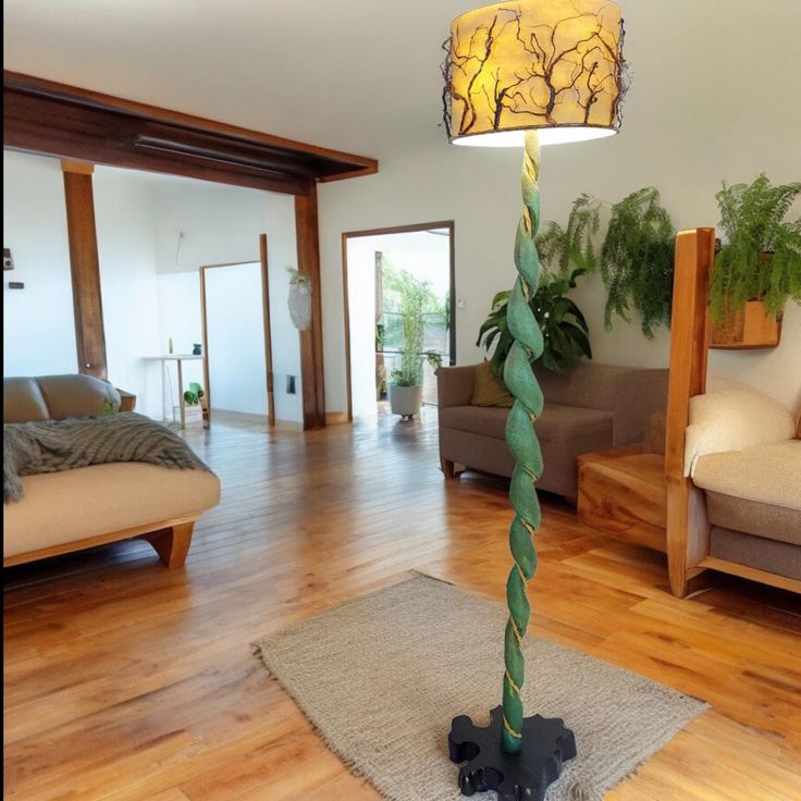 a lamp that is on top of a rug in the middle of a living room