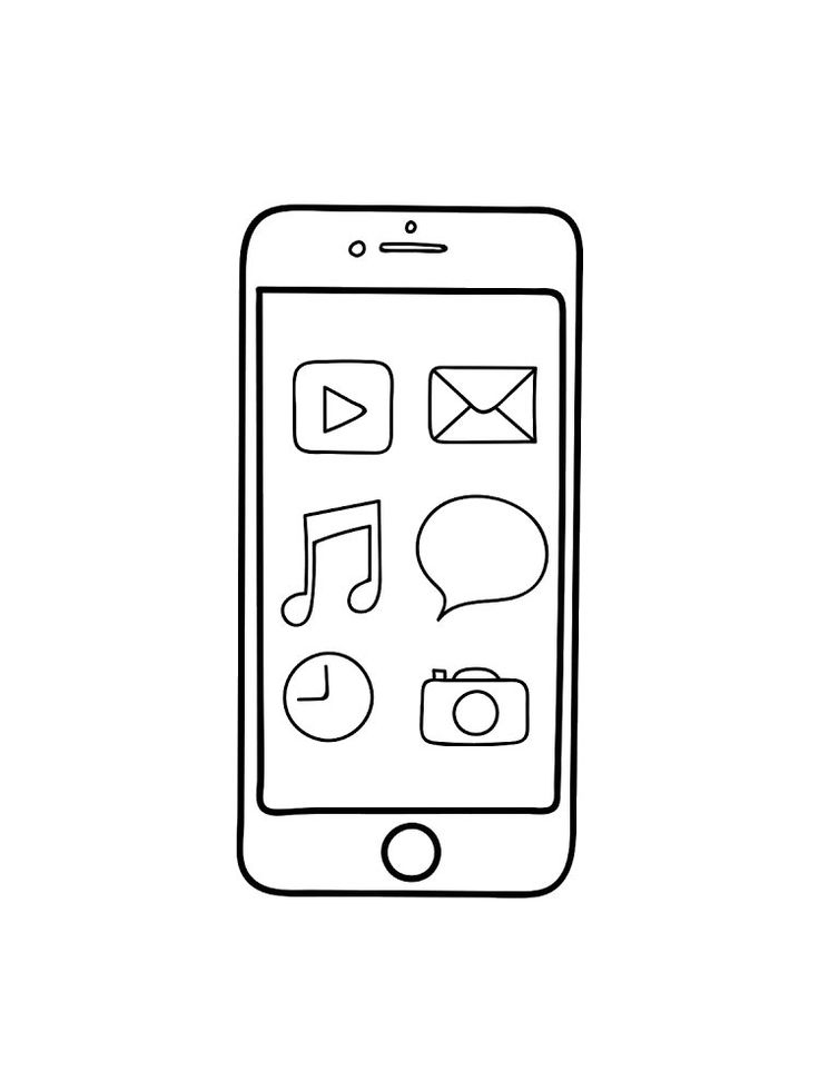 a line drawing of a cell phone with music notes on the screen