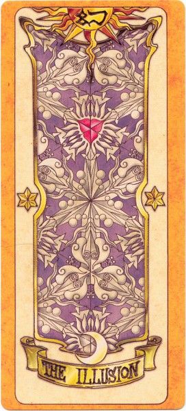 the illusion tarot card is shown in purple and gold, with an ornate design