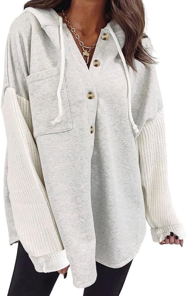 SHEWIN Women's Oversized Sweatshirts for Women Loose Fit Casual Long Sleeve Button Drawstring Lightweight Hoodies Fall Outfits Women Trendy,(US 4-6) S,Gray at Amazon Women’s Clothing store Knitted Sleeves, Hoodie Oversize, Colour Blocking, Knit Sleeve, Hooded Coat, Hooded Sweater, Oversized Sweatshirt, Black Button, Gray Jacket