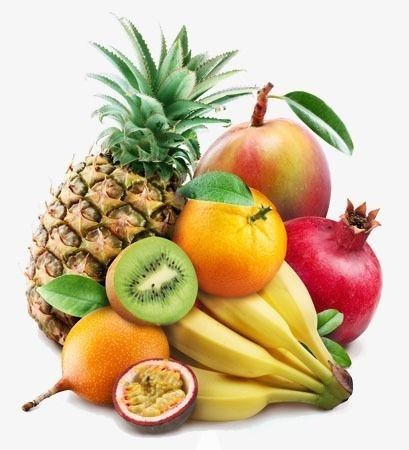 a pile of different types of fruit on a white background