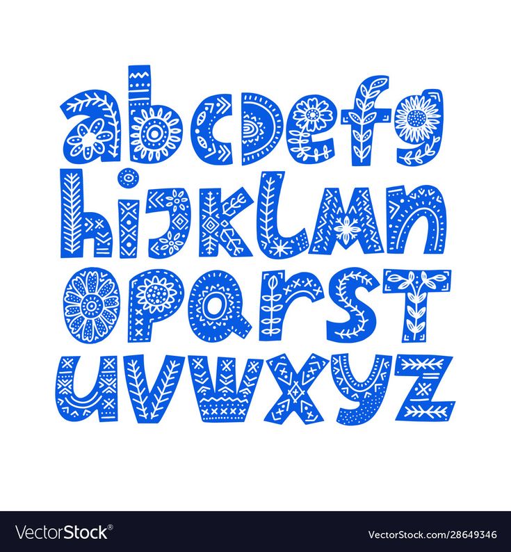 the alphabet is made up of blue letters and numbers with floral designs on white background