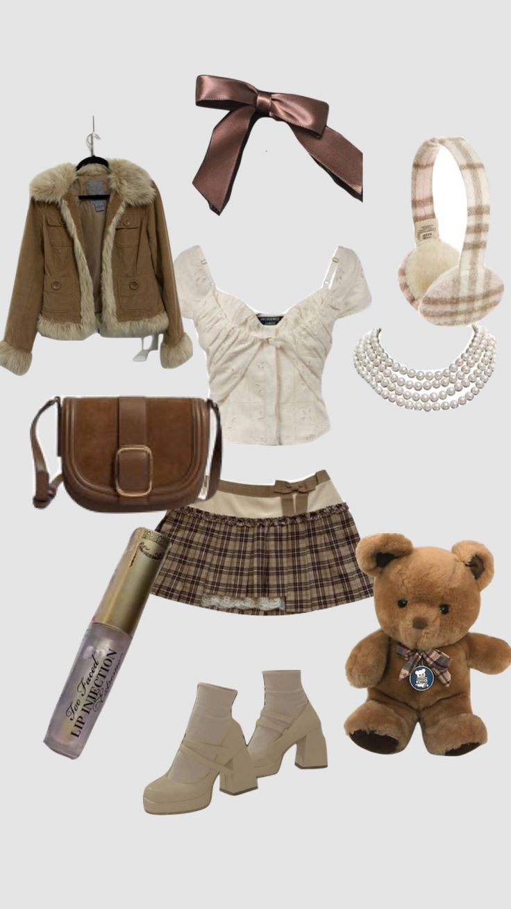 Cute Coquette Fall Outfits, Pretty Coquette Outfits, Coquette Thanksgiving Outfits, Brown Outfit Layout, Ugg Coquette Outfit, Brunette Outfit Ideas, Beige Coquette Outfits, Kawaii Brown Outfit, Pink And Brown Outfit Aesthetic