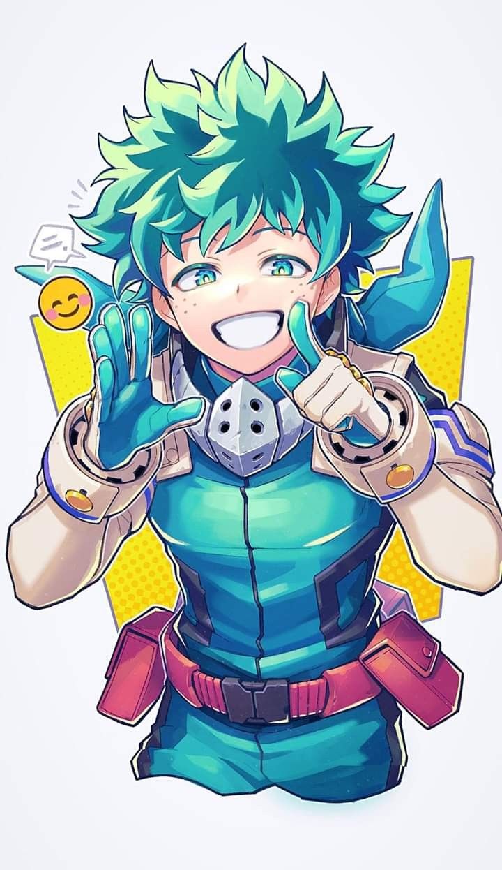 an anime character with green hair and blue eyes holding his hands up in the air