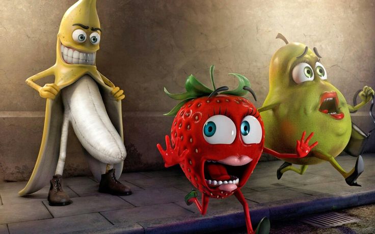 three cartoon characters are standing next to each other in front of a banana and strawberry