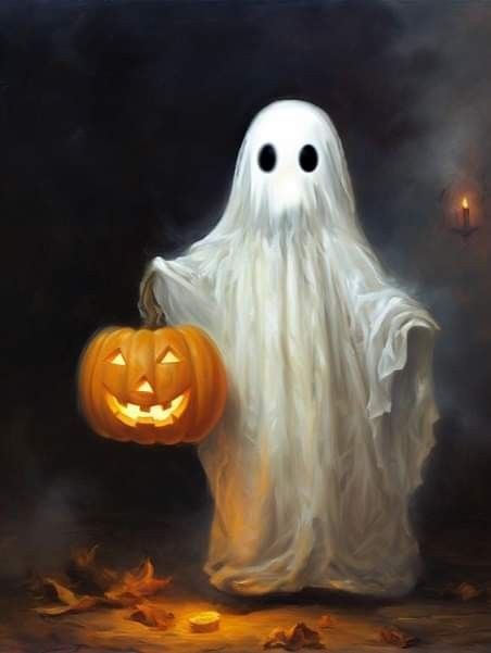 a painting of a ghost holding a pumpkin