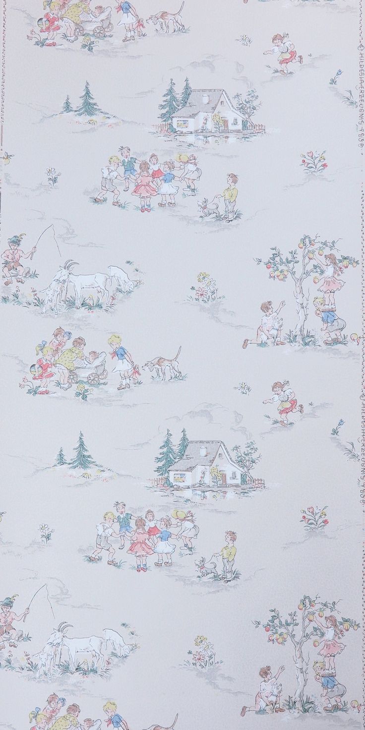 a white wallpaper with cartoon animals and houses in the snow on top of it