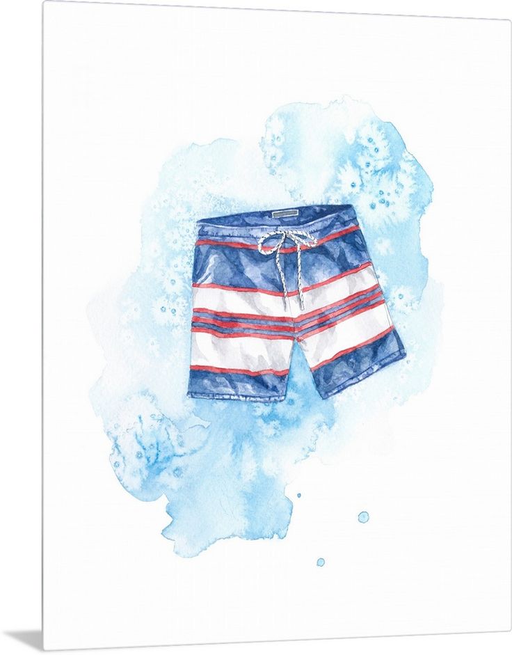 a watercolor painting of a blue and white striped swim trunks with red, white, and blue stripes